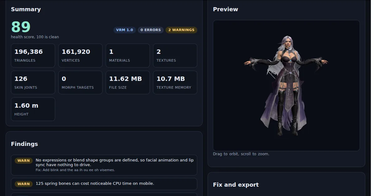 VRM Validator and Fixer - Bones, Expressions and Textures