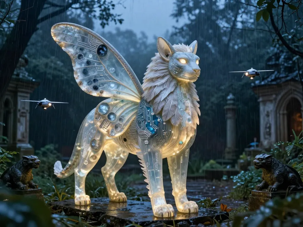 Neo-Folklore Sphinx in the Rain #art #aiart #gallery #scifi #mythology