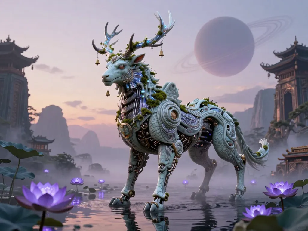 Biomechanical Kirin at the Alien Temple #art #aiart #gallery #scifi #mythology