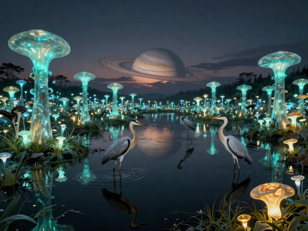 Bioluminescent Wetland Observatory #art #aiart #gallery #scifi