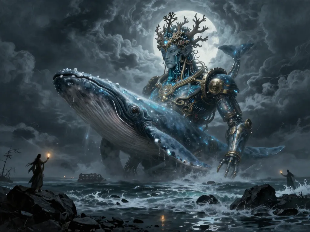 Bionic Sea God at Low Tide #art #aiart #gallery #scifi #mythology