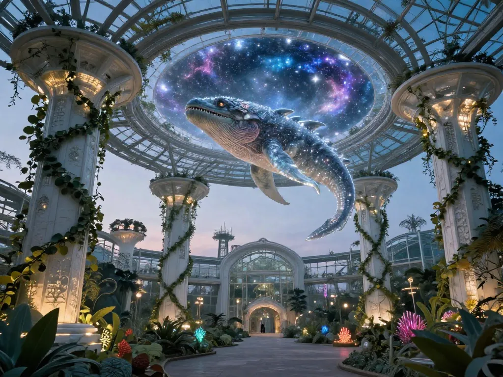 Solarpunk Leviathan Over the Glass Canopy #art #aiart #gallery #solarpunk #cosmichorror