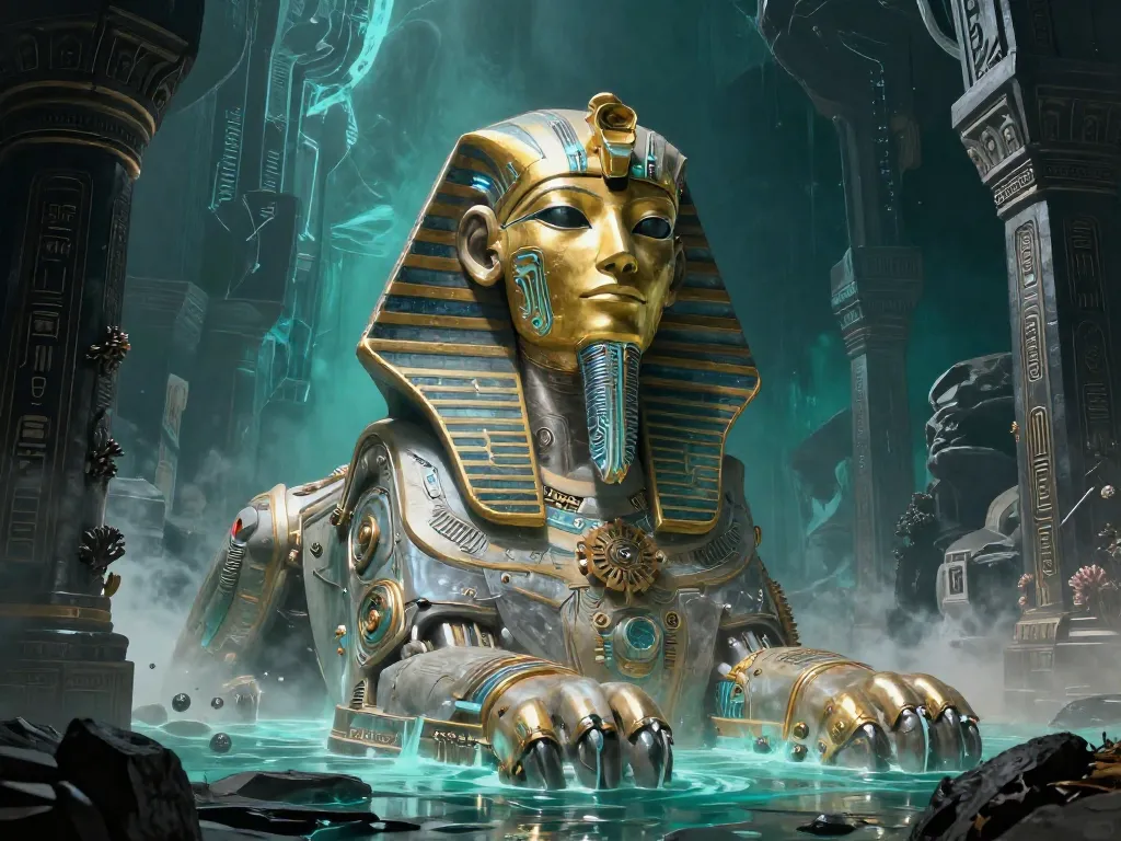 Biomechanical Sphinx of the Flooded Moon #art #aiart #gallery #scifi