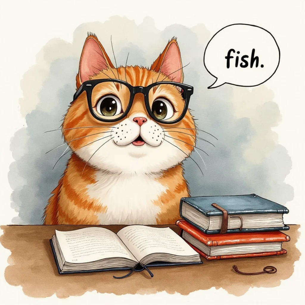A cat with glasses trying to pronounce 'fish' - AI generated
