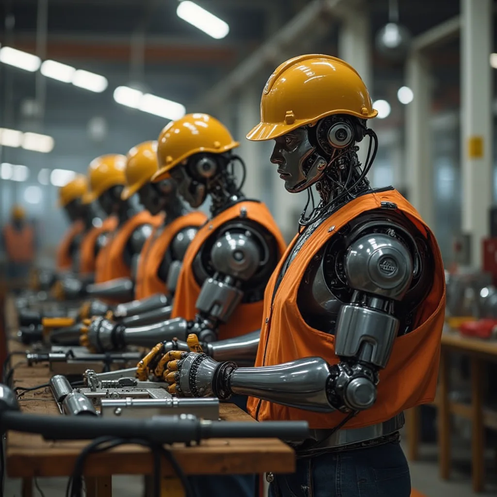 Team of robot workers in hard hats - industrial AI art