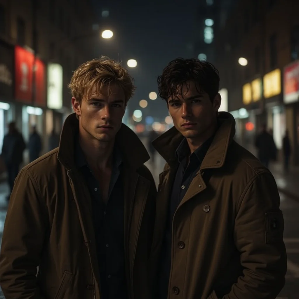 City street scene at night - two figures