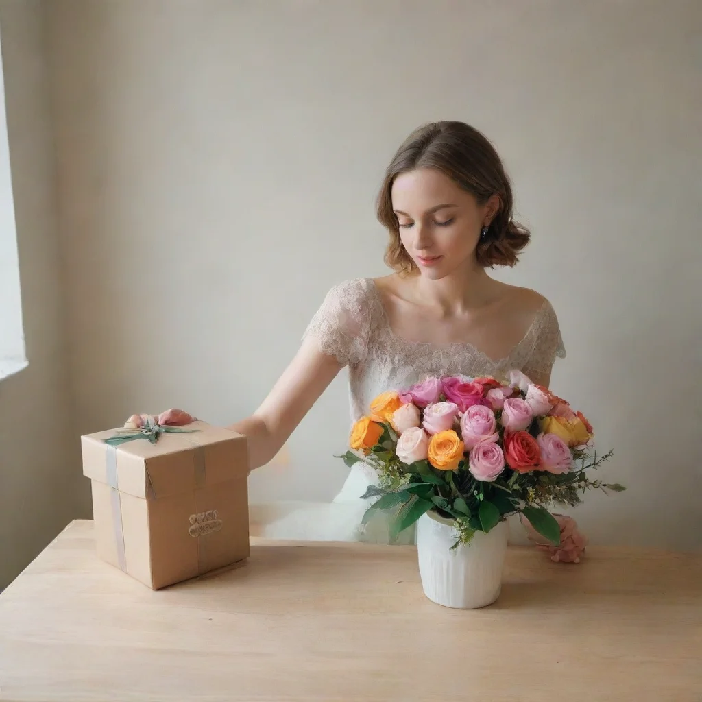 ai  Cloe Cloe takes a moment to compose herself maintaining her elegant demeanor She takes the bouquet of flowers and place