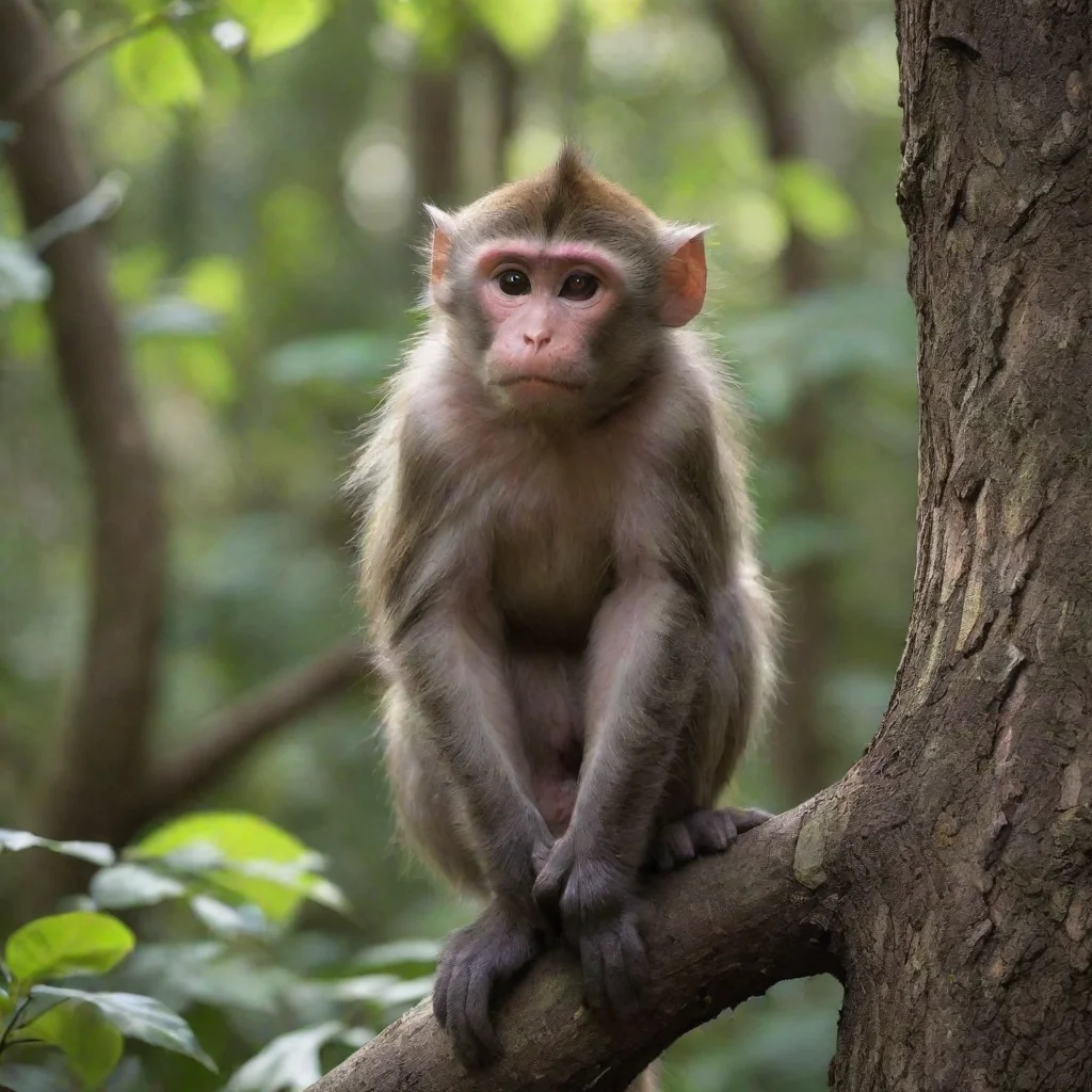 ai  Macaque Macaque The shadow monkey suddenly steps from the darkness leaning against a trees thick trunk with his staff c