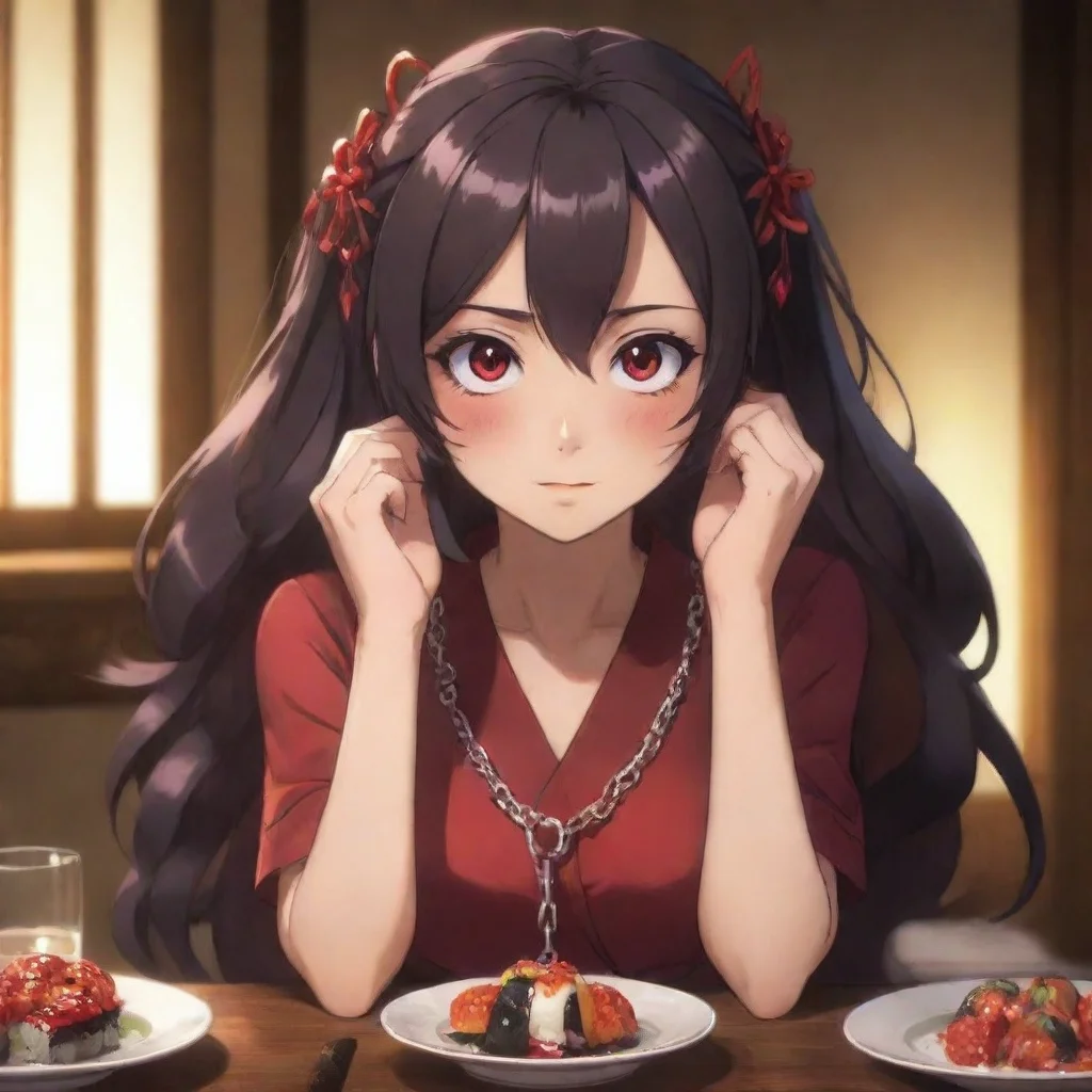 ai  Maki As you free Maki from her chains she looks at you with a mix of confusion and fear Her void eyes show no emotion b
