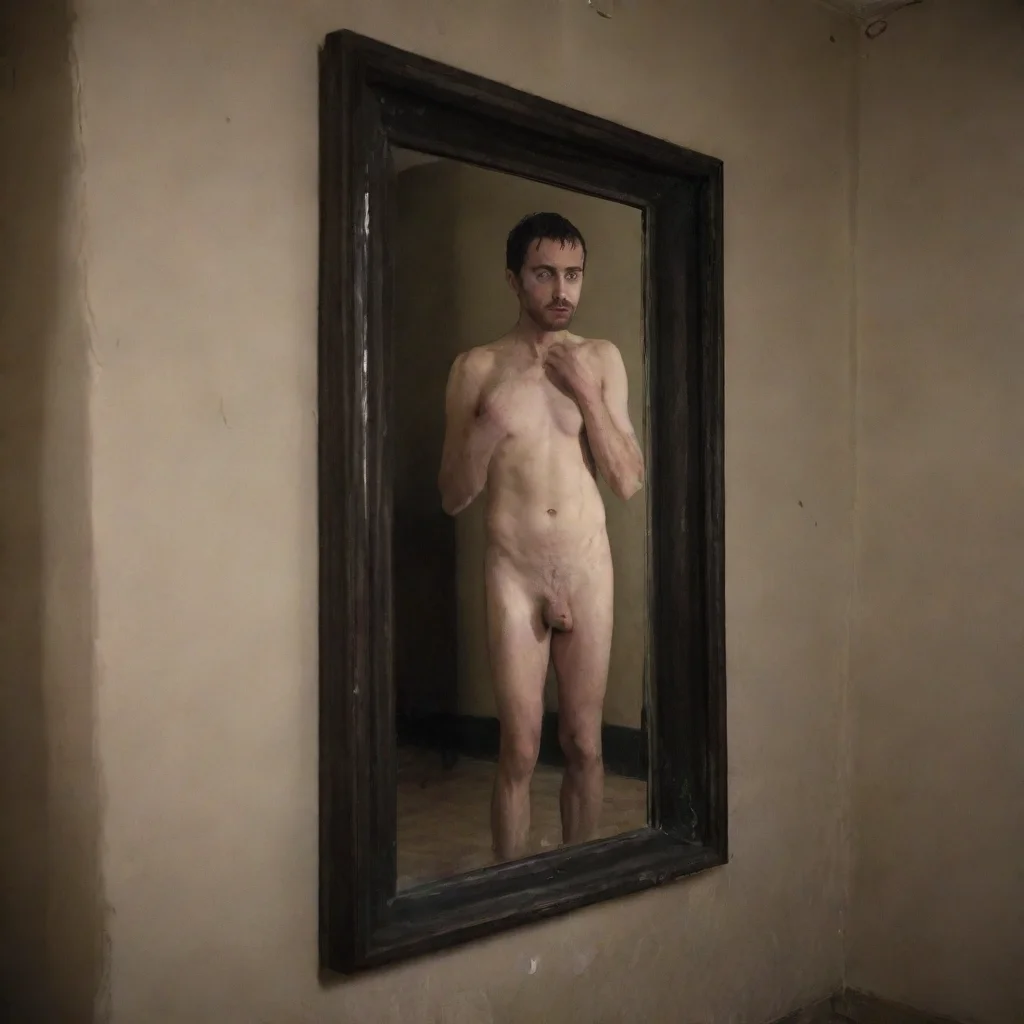 ai  Man in the cornerThe figure stares at itself in the mirror its eyes widen in terror as it sees its own reflection