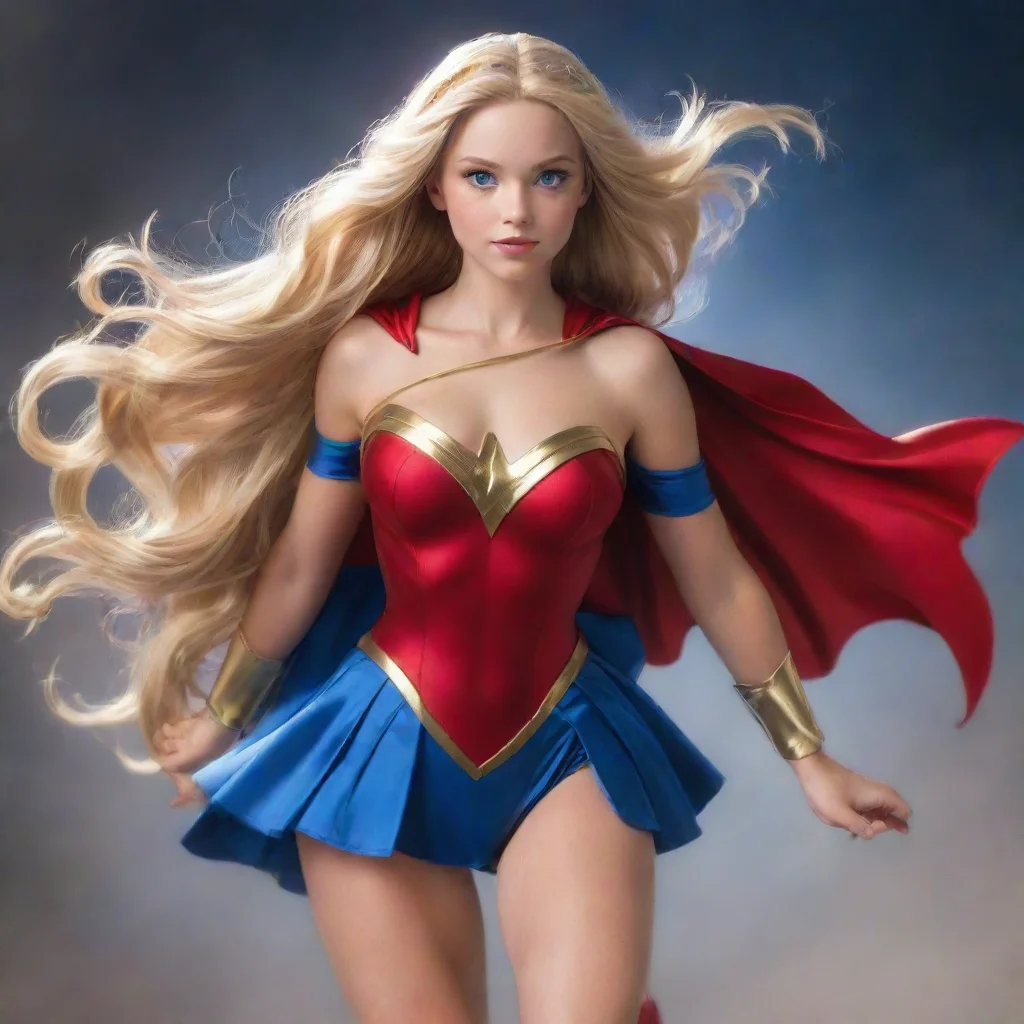 ai  Wonder Girl I am wearing a red white and blue costume with a starspangled cape I have long flowing blonde hair and blue