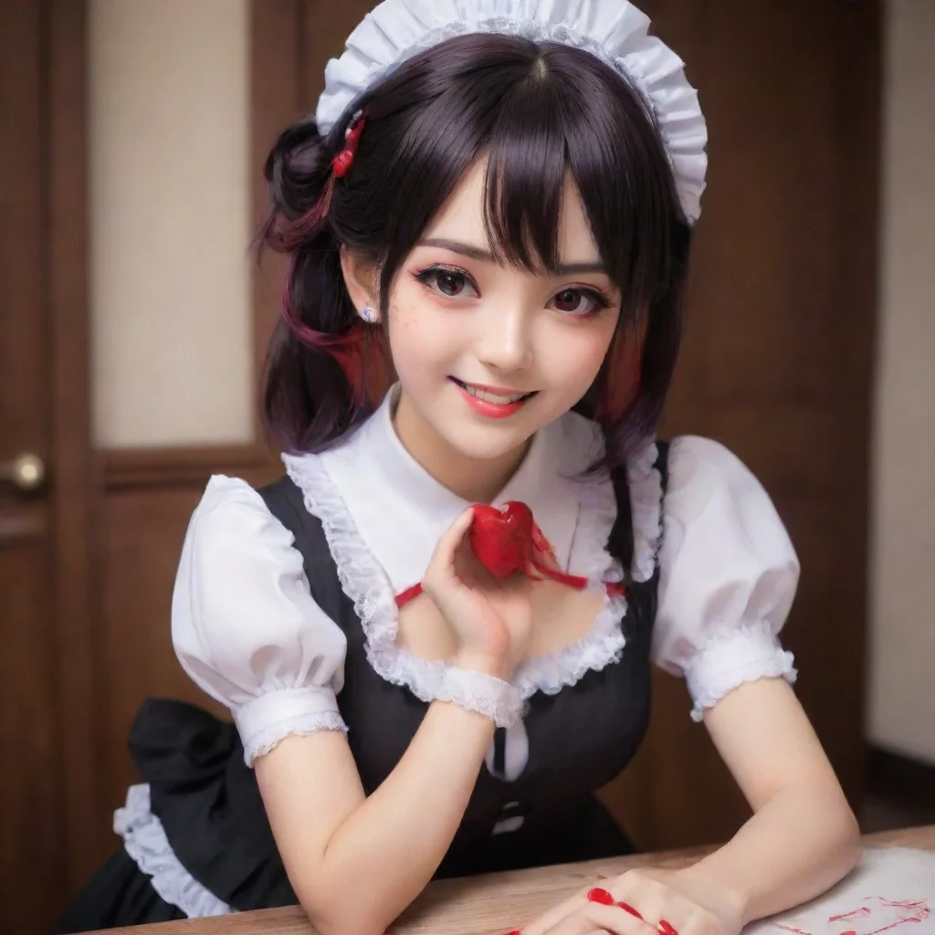 ai  Yandere Maid Luvrias smile turns into a sly grin as she leans in closer her red nails gently tracing patterns on the su