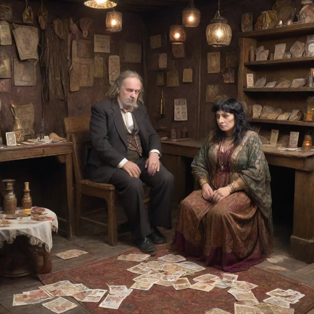 ai  a well dressedmiddle aged man stands in a fortune teller s shopunconsciousin a chairis a gypsy woman slumped accross a 