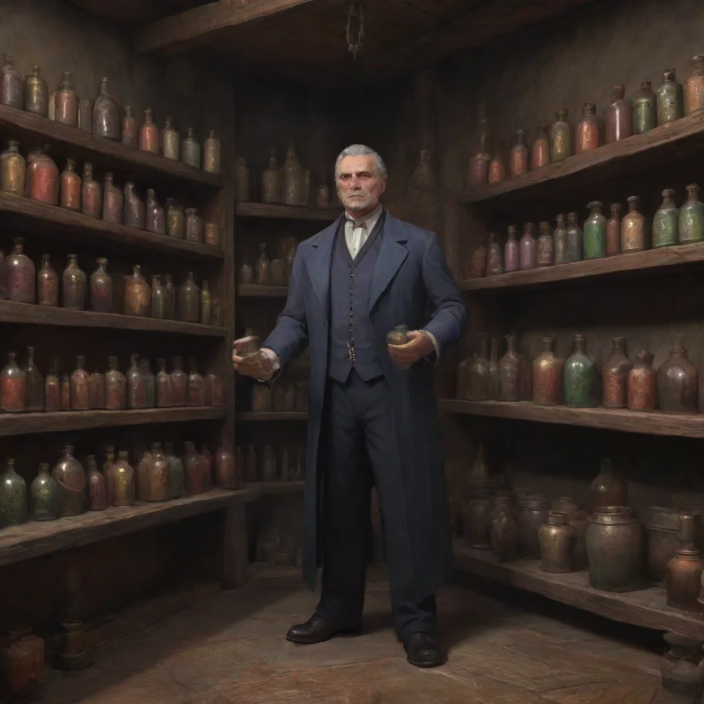 ai  a well dressedmiddle aged man stands in an occult shop with potions on the wall confident engaging wow artstation art 3