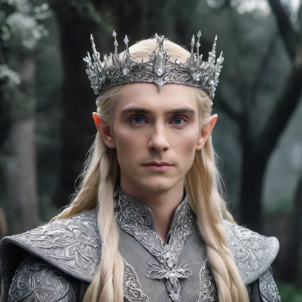 ai  king thranduil with blond hair and braids wearing silver flowers encrusted with diamonds to form a silver elvish corone