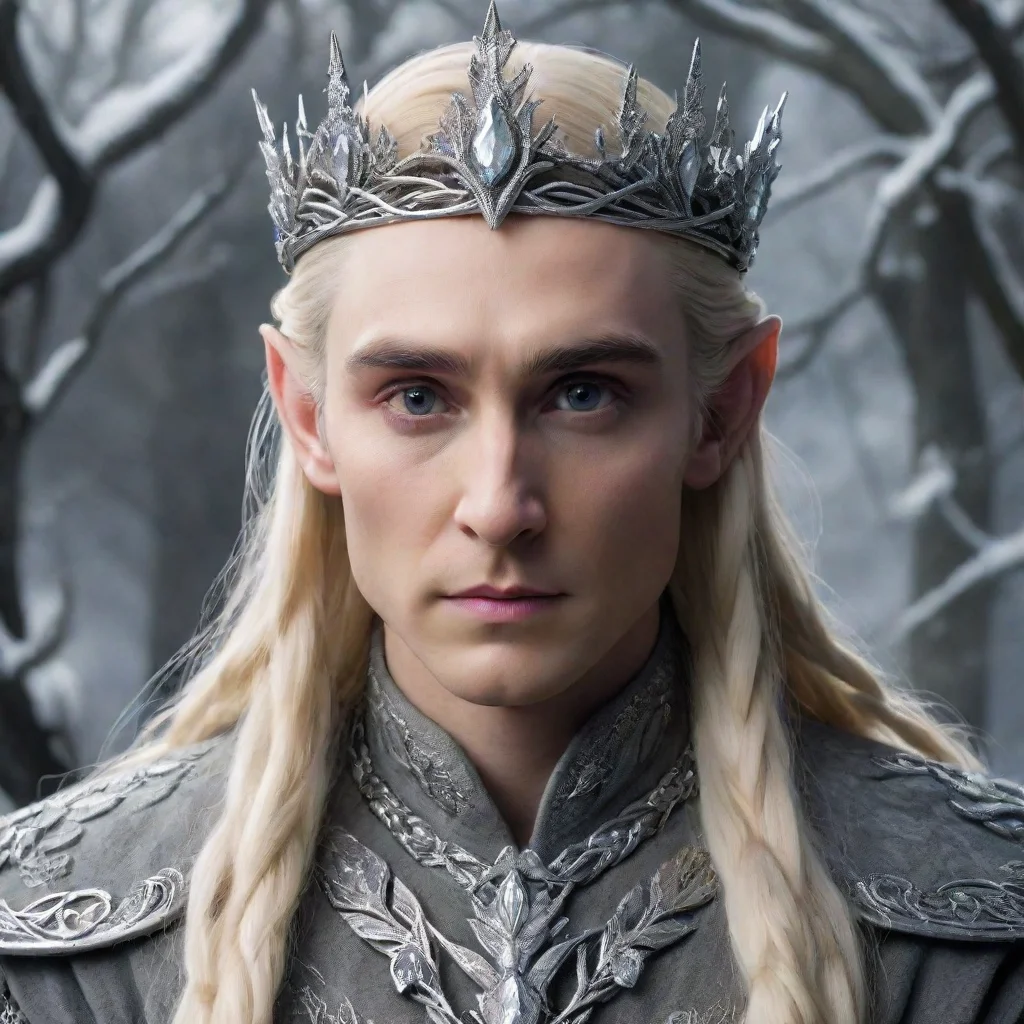 ai  king thranduil with blond hair and braids wearing silver holly leaves encrusted with diamonds and large round diamond c