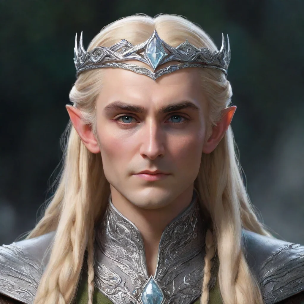   king thranduil with blond hair and braids wearing silver serpentine sindarin elvish circlet with large center diamond c