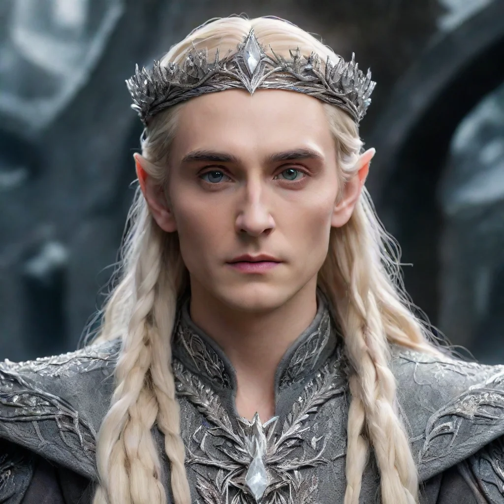 ai  king thranduil with blond hair and braids wearing silver twigs encrusted with diamonds with clusters of diamonds formin