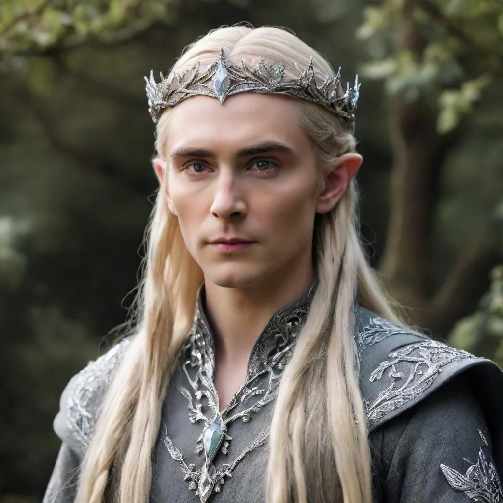 ai  king thranduil with blond hair and braids wearing silver vines encrusted with diamonds forming a silver elvish circlet 