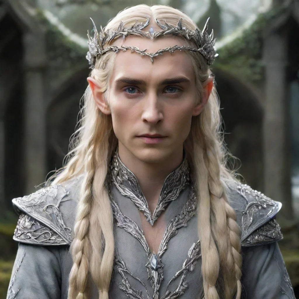 ai  king thranduil with blond hair and braids wearing silver vines encrusted with diamonds with silver flowers encrusted wi