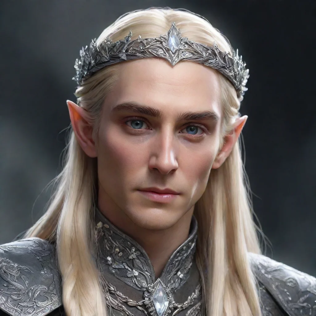 ai  king thranduil with blond hair and braids wearing small silver flowers encrusted with diamonds to form a small silver e