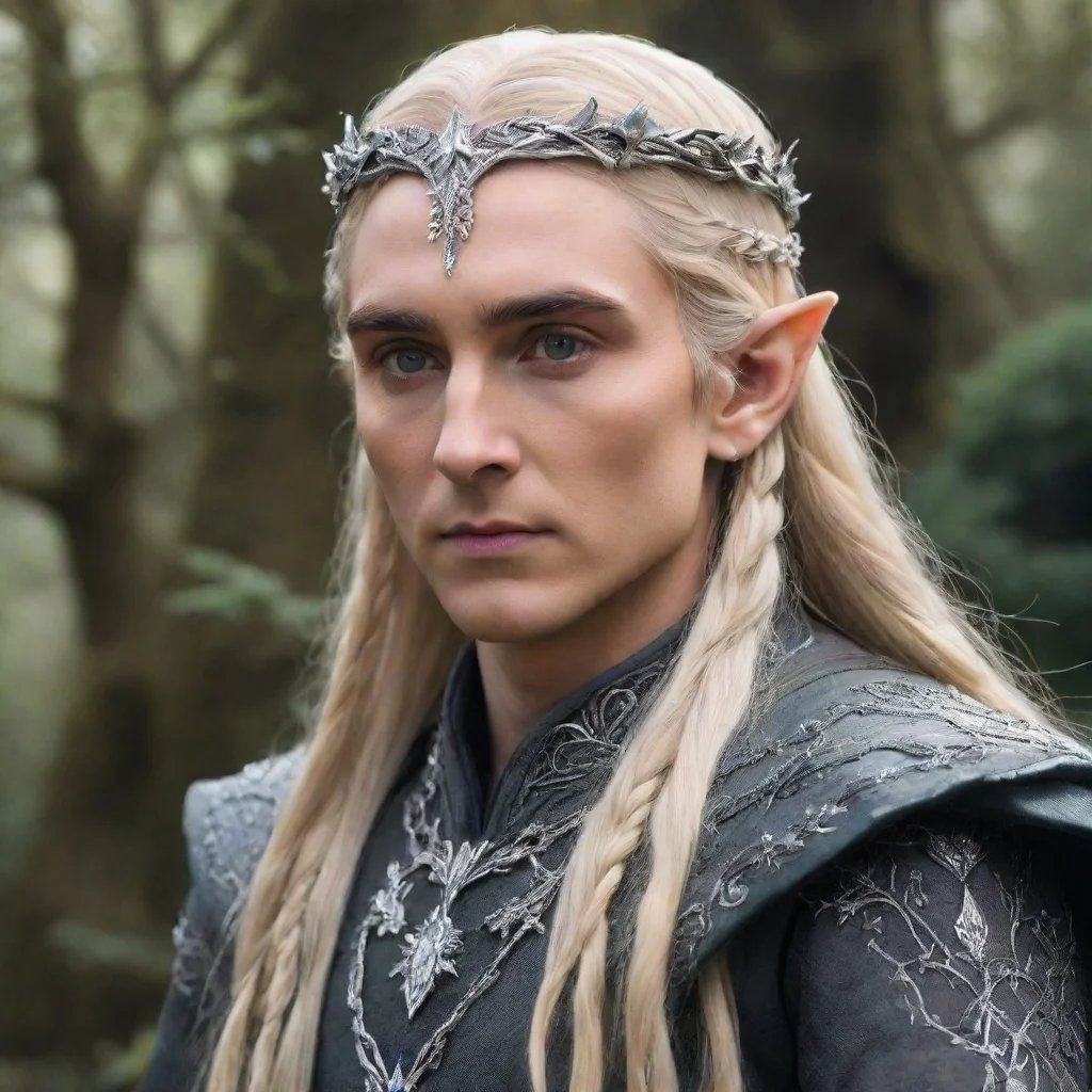 ai  king thranduil with blond hair with braids s wearing silver flower elvish circlet encrusted with diamonds good looking 