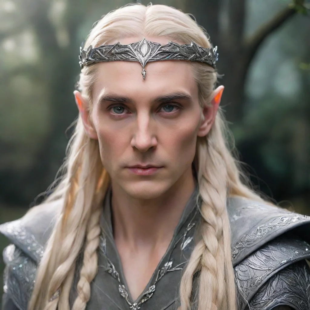   king thranduil with blond hair with braids wearing silver leaf elvish circlet with diamonds