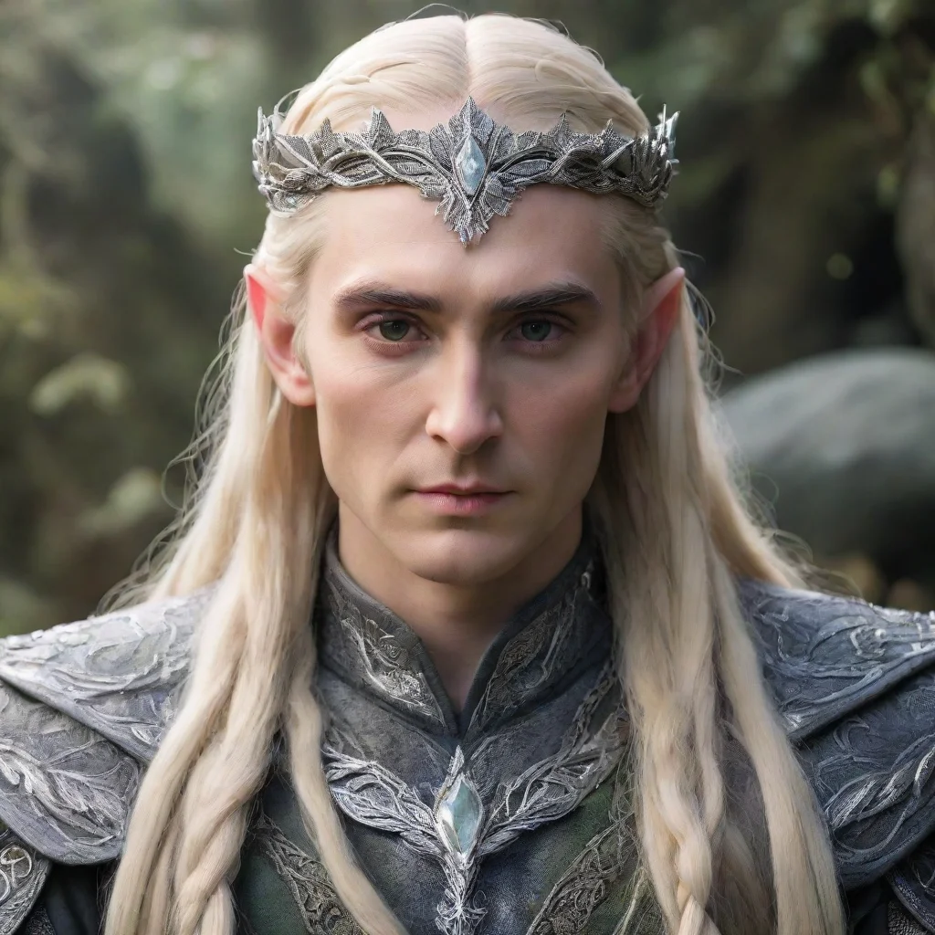 ai  king thranduil with blonde hair and braids wearing silver laurel leaf encrusted with diamonds with diamond clusters for
