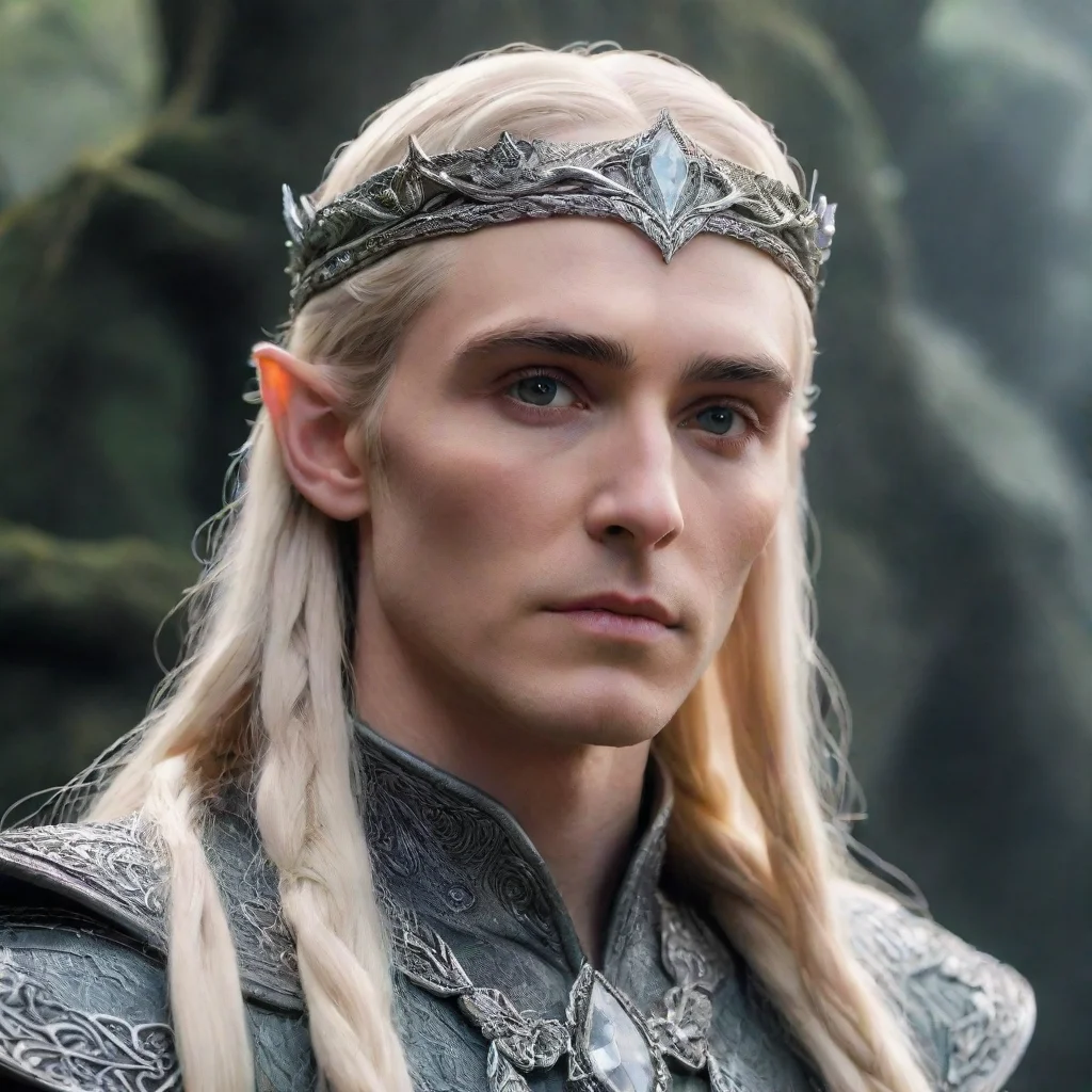 ai  king thranduil with blonde hair and braids wearing silver serpentine sindarin elvish circlet encrusted with diamonds wi