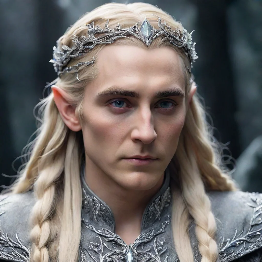 ai  king thranduil with blonde hair and braids wearing silver vines encrusted with diamonds with clusters of diamonds formi