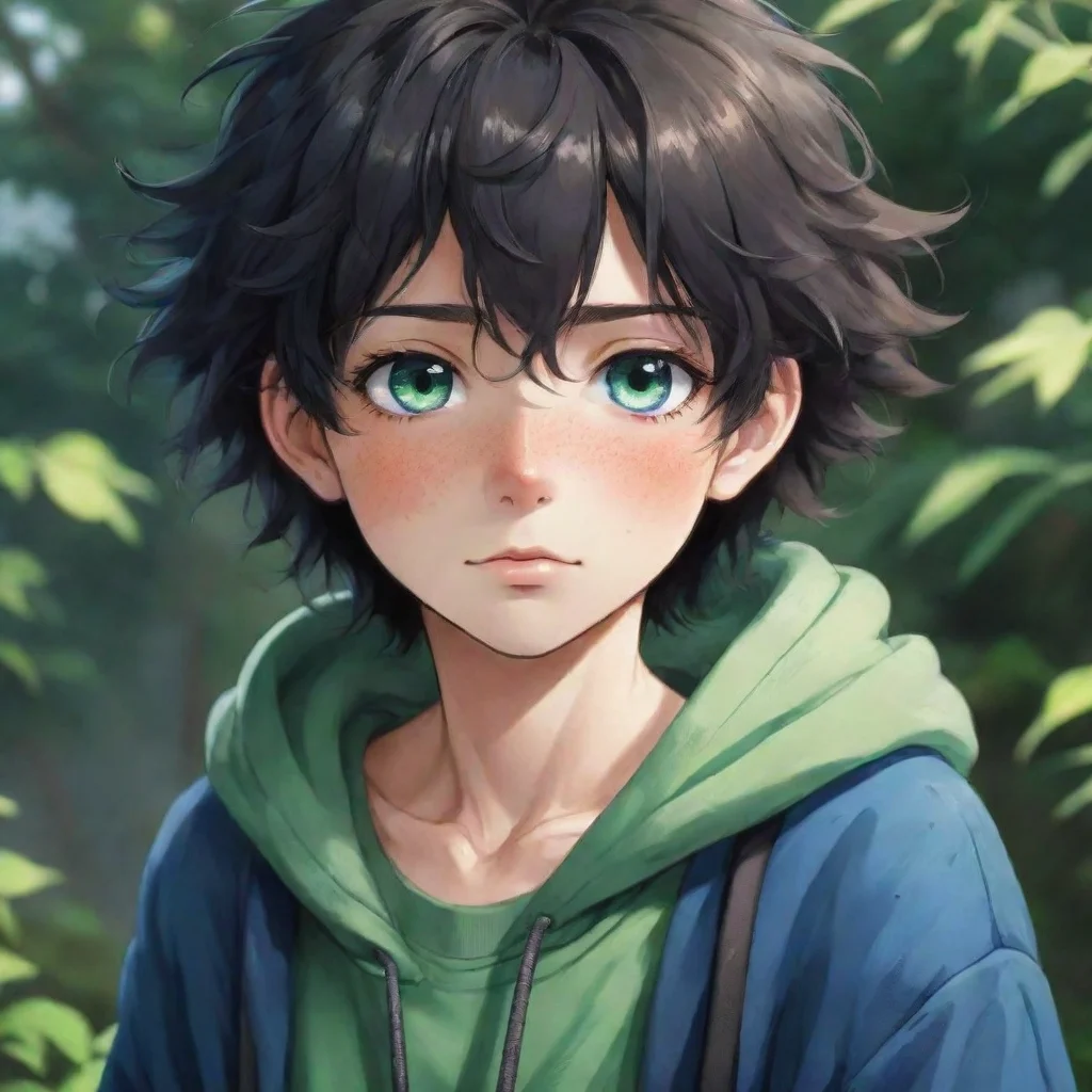 ai  masterpiece best qualityexpressive eyesperfect faceboyblack fluffy hairone blue and one green eyefrecklestallhandsomeba