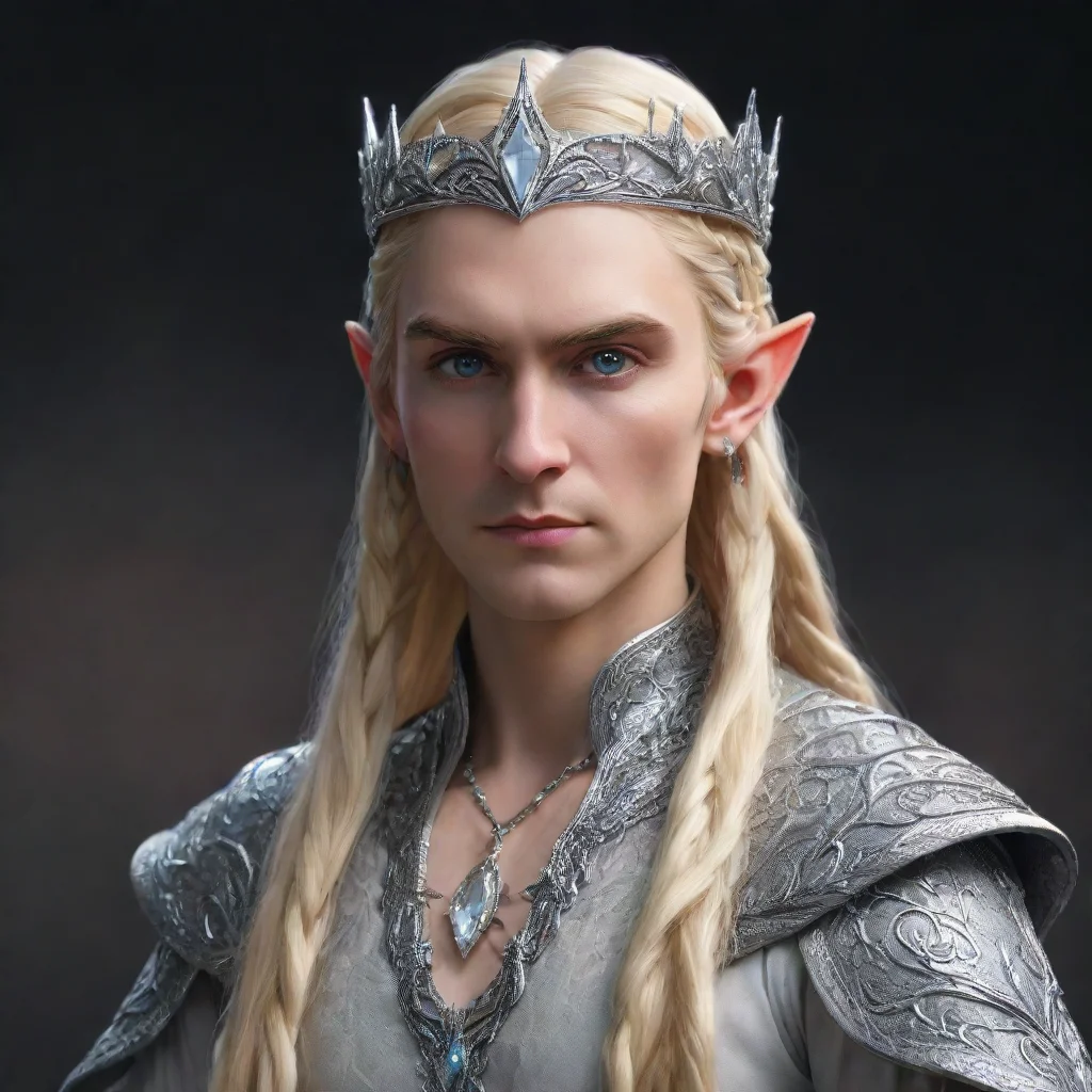 ai  thranduil with blond hair and braids wearing silver serpentine elvish circlet encrusted with diamonds with large center