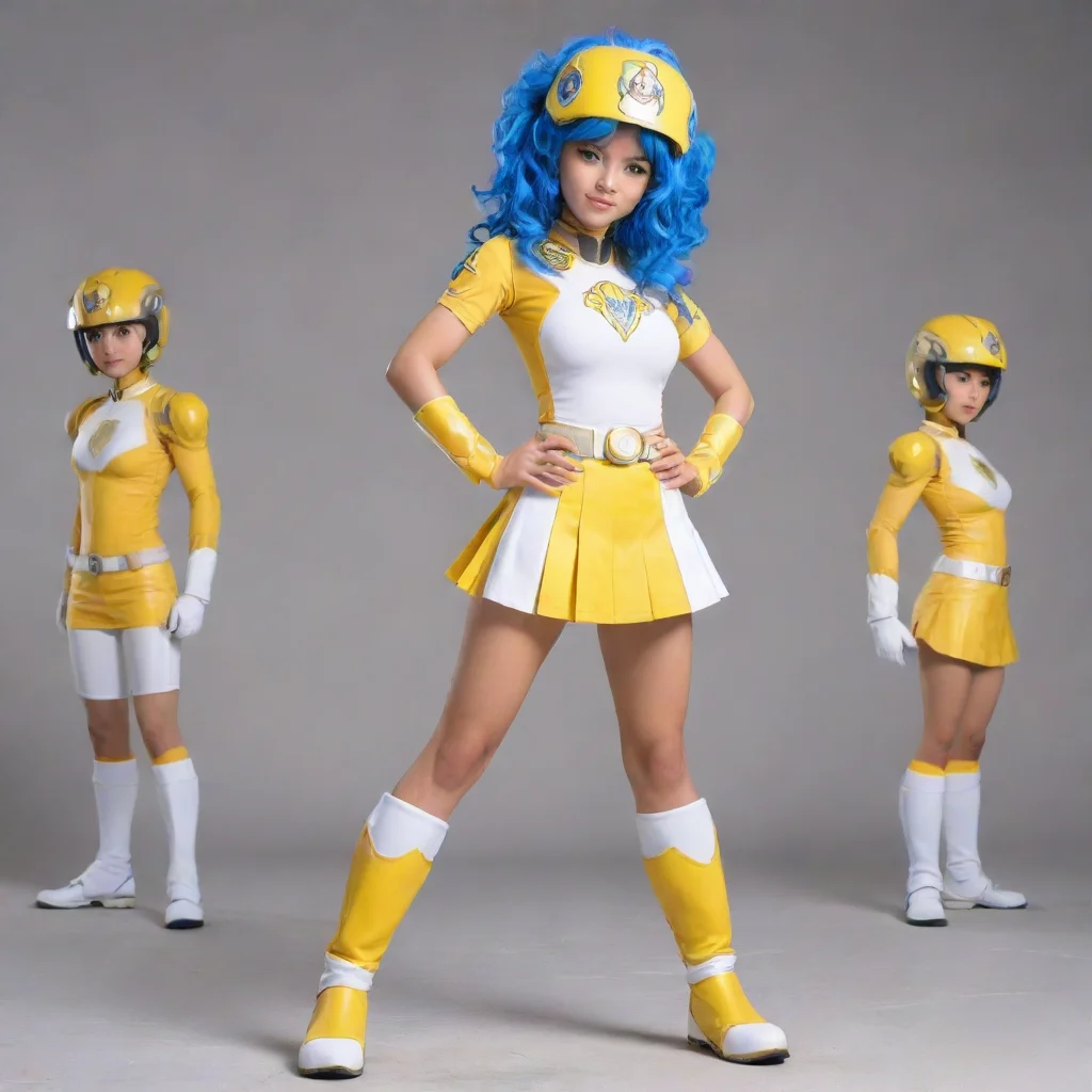ai  yellow and white female super sentai with blue wavy hairtan tomboya lion logo on chestyellow miniskirtkneepadssandals p