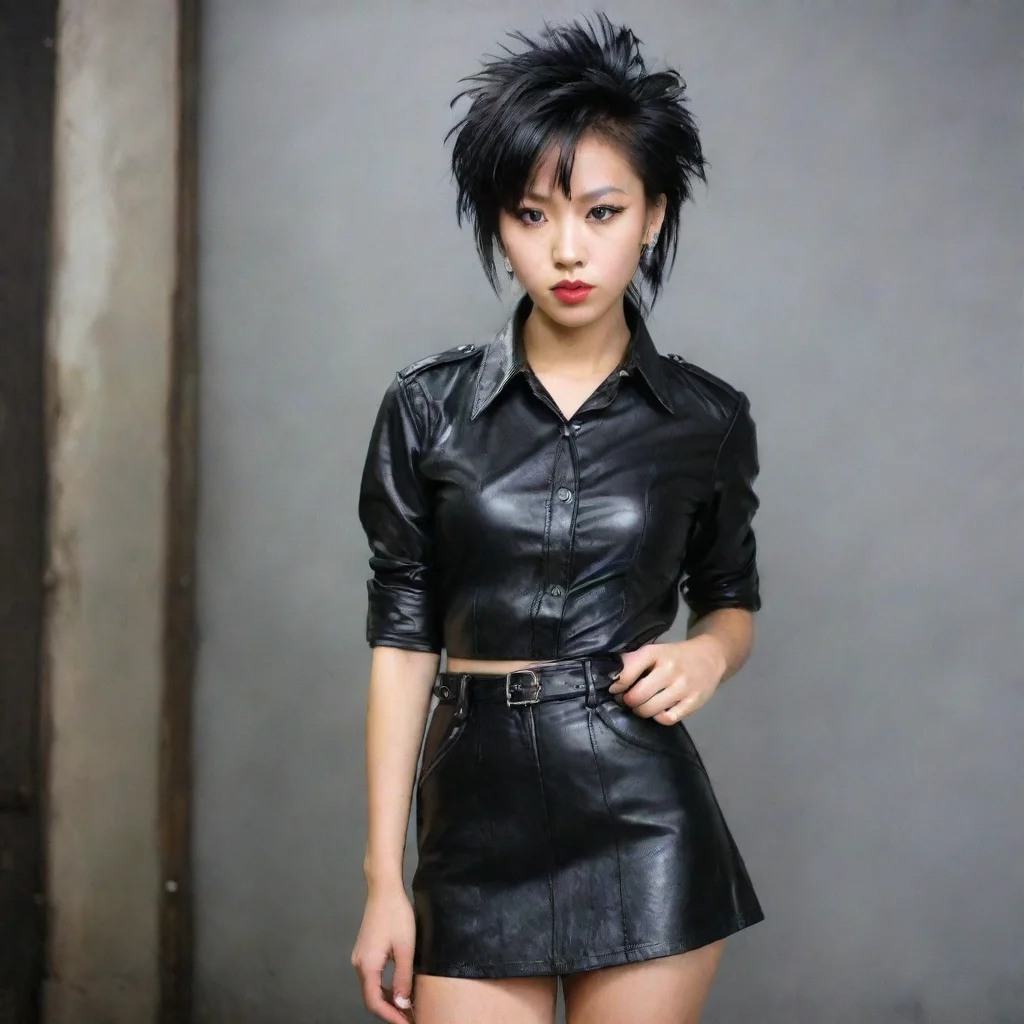 ai 1 femmeasiatique punk annees 80chemise en cuir noir des annees 80jupe a pressionen cuir des annees 80 amazing awesome po