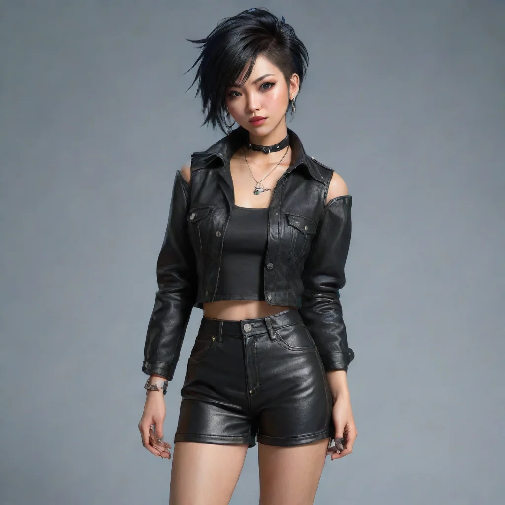 ai 1 femmeasiatique punk annees 80chemise en cuir noir des annees 80jupe a pressionen cuir des annees 80 confident engaging
