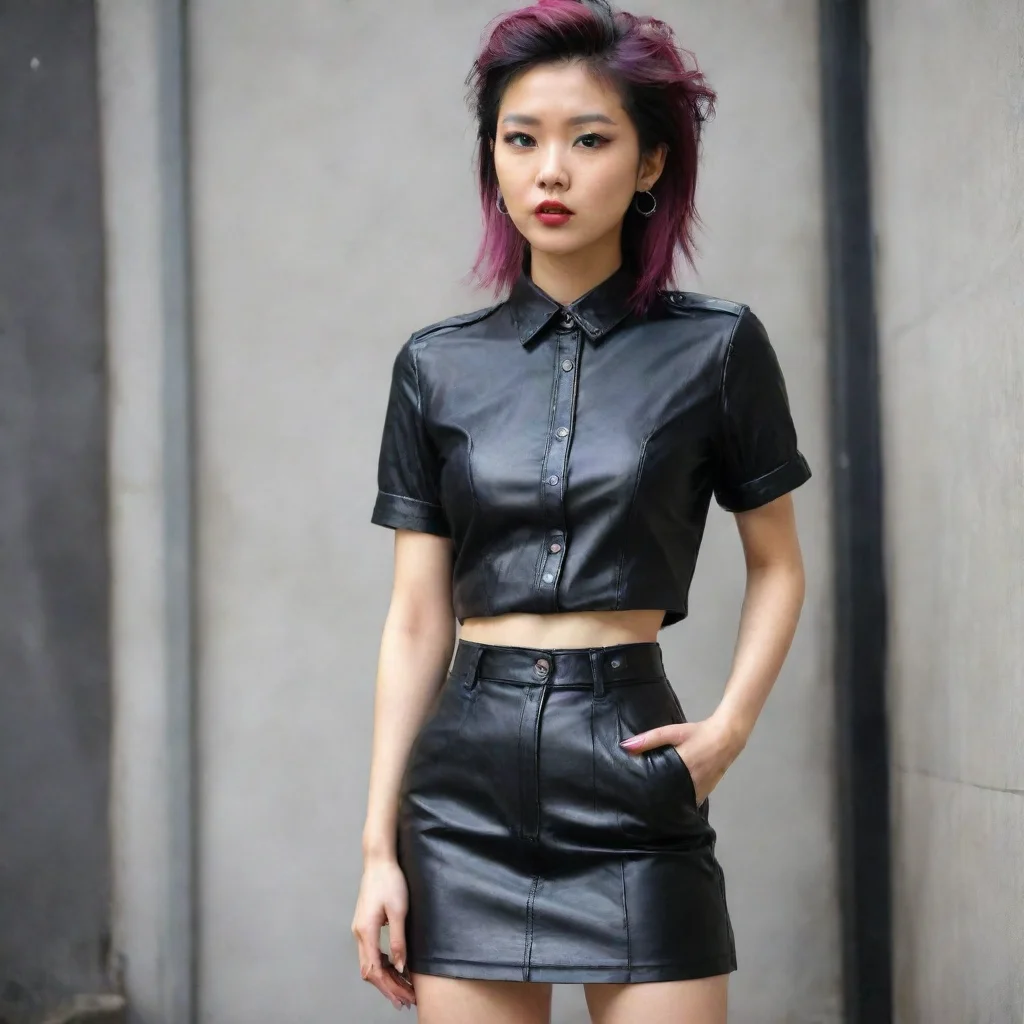ai 1 femmeasiatique punk annees 80chemise en cuir noir des annees 80jupe a pressionen cuir des annees 80 good looking trend