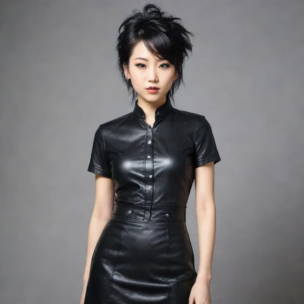 ai 1 femmeasiatique punk annees 80chemise en cuir noir des annees 80jupe a pressionen cuir des annees 80