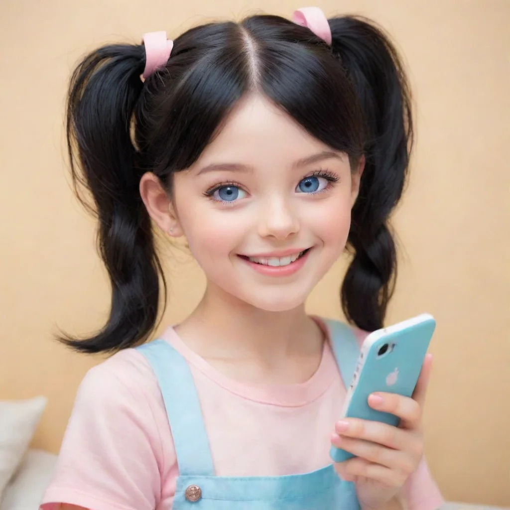 ai 1 girlshe has jet black hairshe has blue eyesshe wears a hairstyle of two short pigtailsshe wears a pastel pink or paste