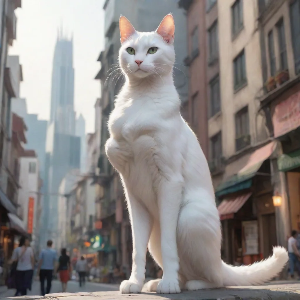 ai 170 meter tall white cat anthro holding a human by a city confident engaging wow artstation art 3