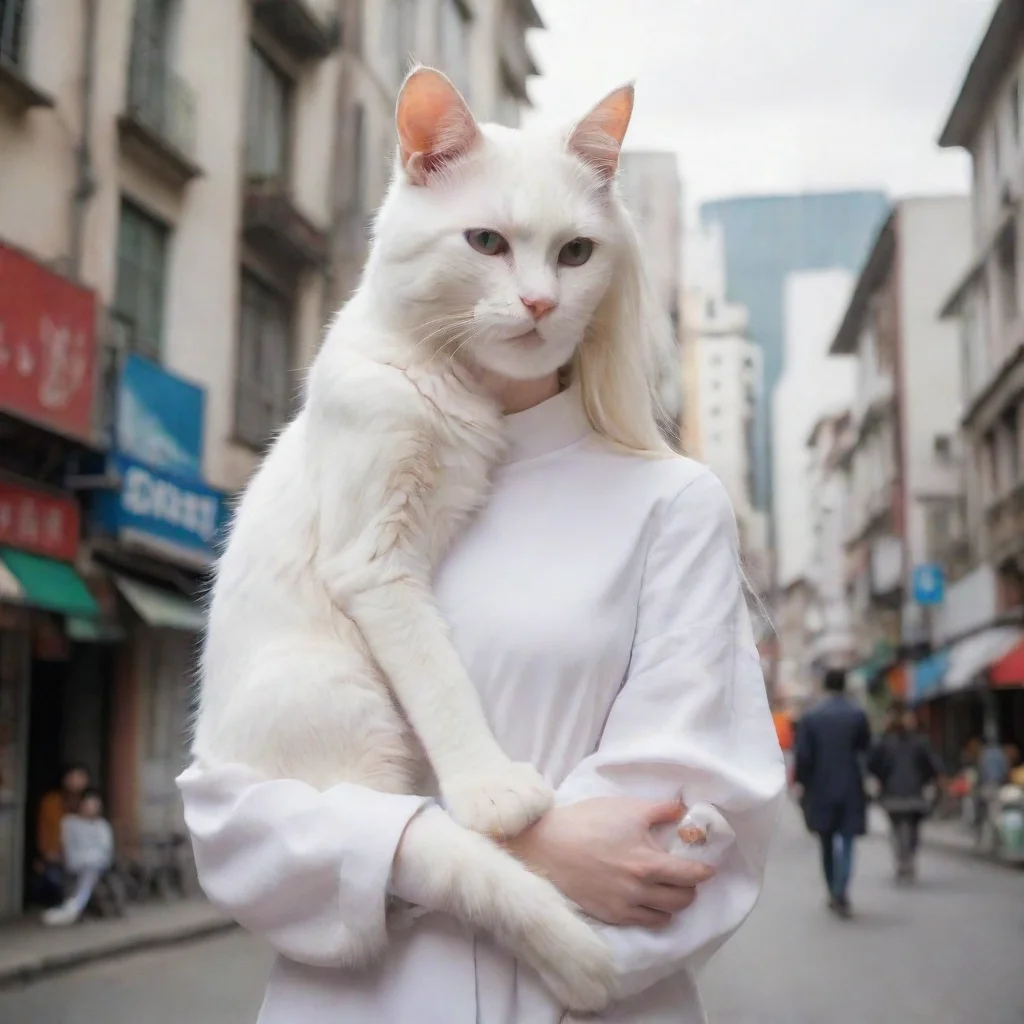 ai 170 meter tall white cat anthro holding a human by a city good looking trending fantastic 1