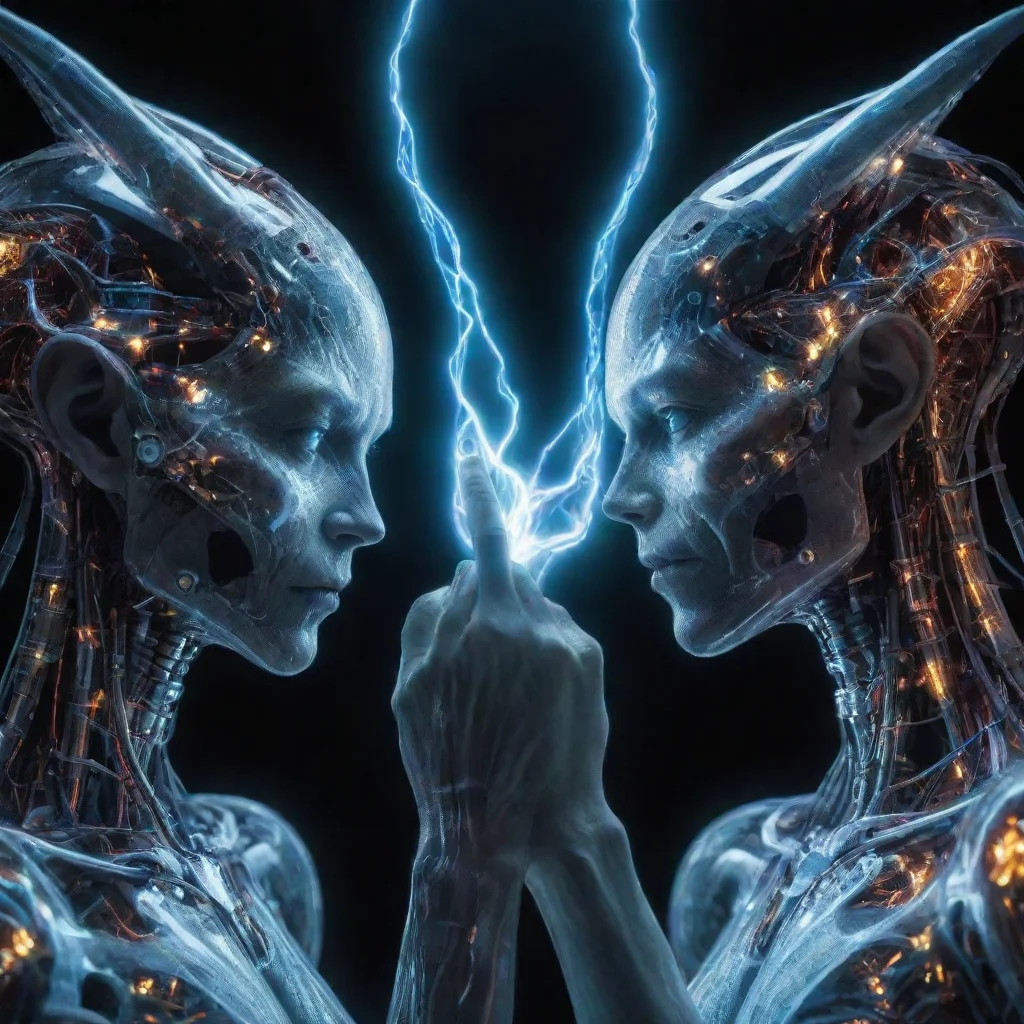 ai 3 light monsters one is a machine the other one is electric and one that is a hologram joining hands together amazing aw