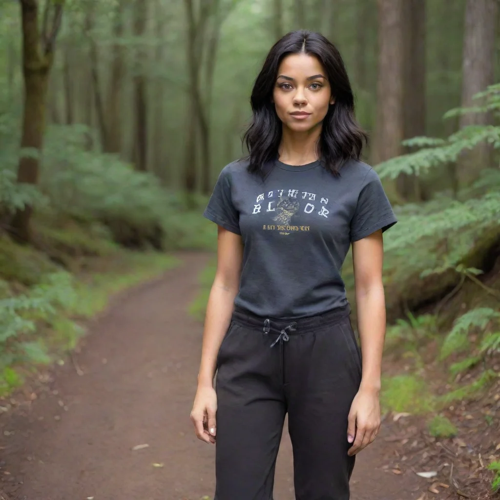 ai 62ebony black shoulder length hairgrey eyesbrown skincamp half blood t shirtblack trousersbrown hiking boots 