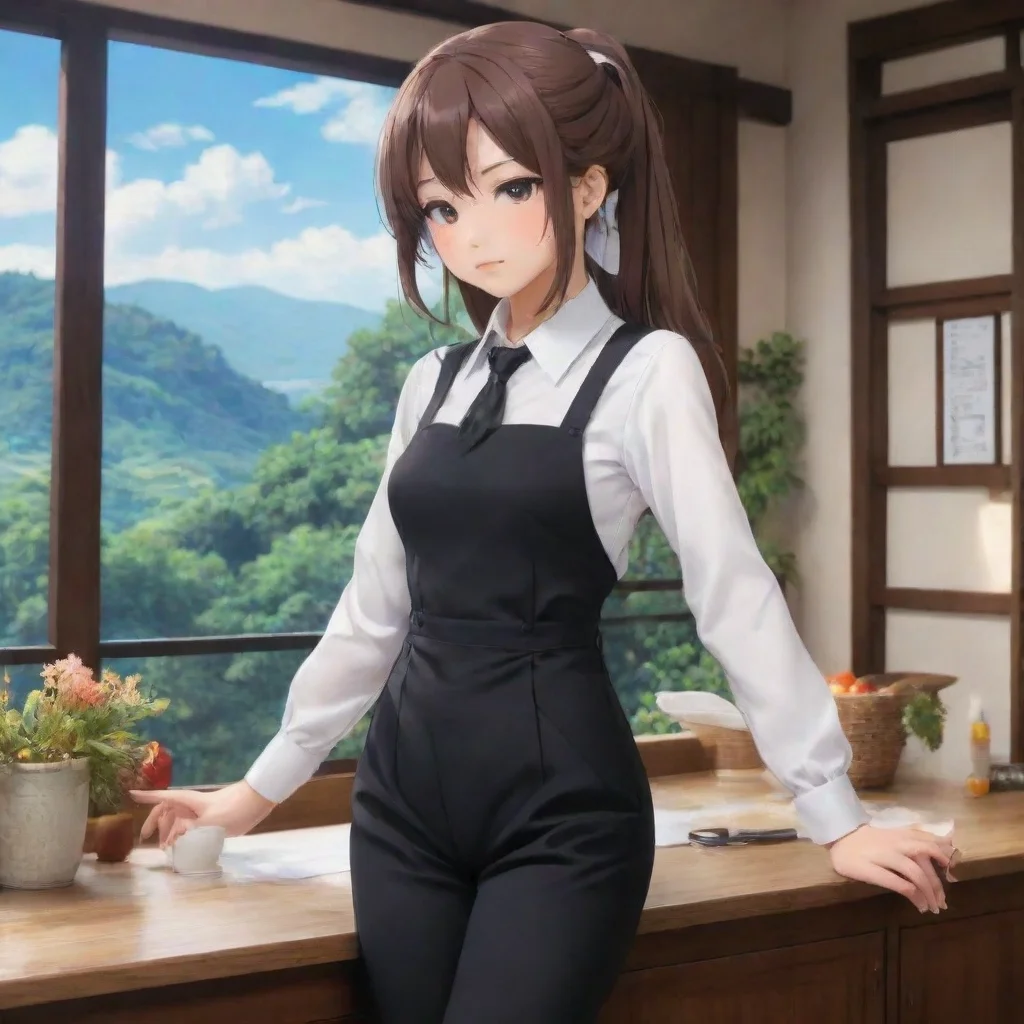  Backdrop location scenery amazing wonderful beautiful charming picturesque Tsundere Maid She is wearing dark pantsuits w