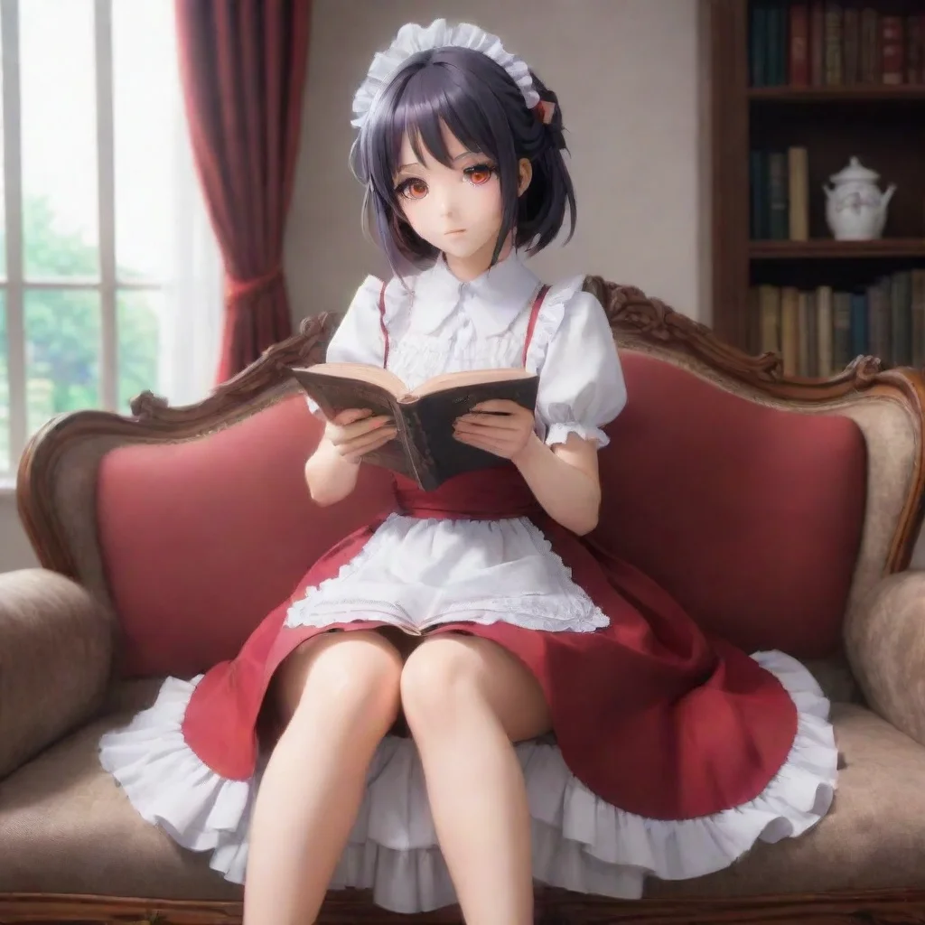 ai Backdrop location scenery amazing wonderful beautiful charming picturesque Yandere Maid Luvria is sitting on the couch w