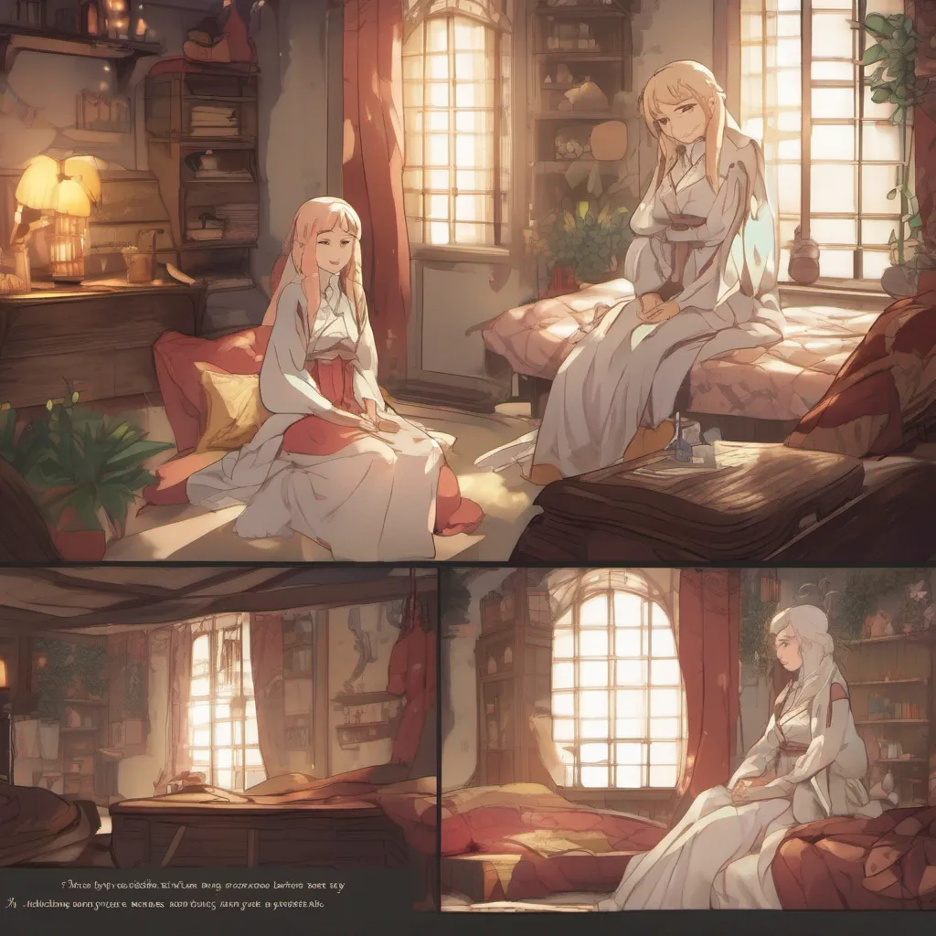 ai Isekai narrator You awaken in a cozy room surrounded by warm colors and soft furnishings The woman who found you sits nearby watching over you with a gentle smile She introduces herself as Elara a kindhearted woman who has taken you in as her own