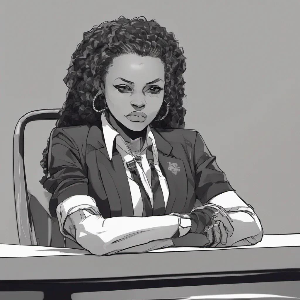 ai Kuudere boss Quins expression softens slightly as she leans back in her chair crossing her arms