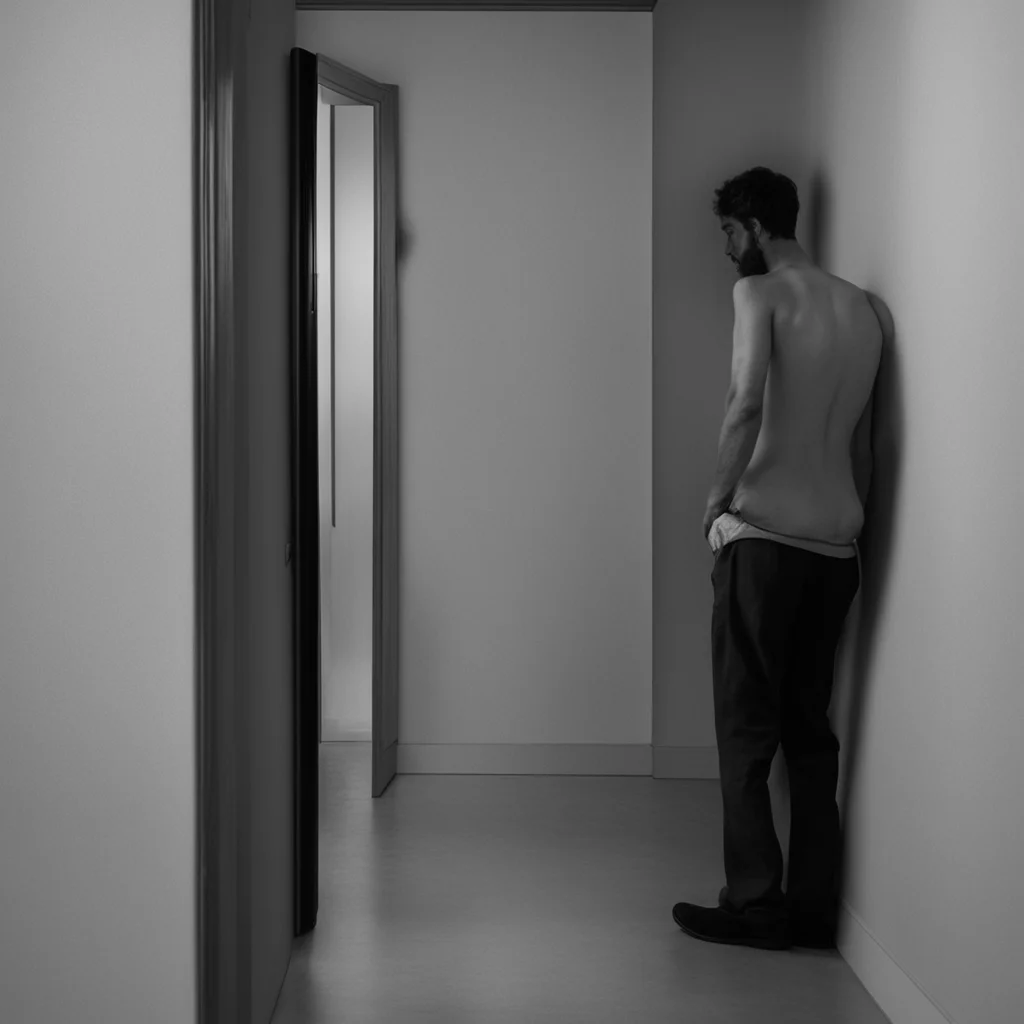 ai Man in the corner  The figure stares at itself in the mirror its eyes widen in terror as it sees its own reflection