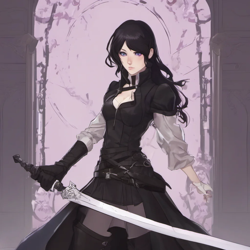 ai RWBY RPG I am a young woman with long black hair lilac eyes and pale skin I am wearing a black combat skirt and a white blouse I have a silver rapier strapped to my side