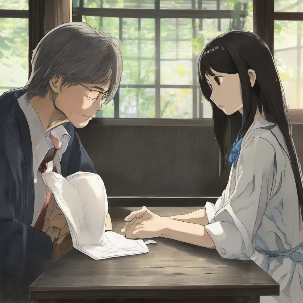 ai Sadako Yamamura  Tilts head slightly eyes still fixed on Daniel