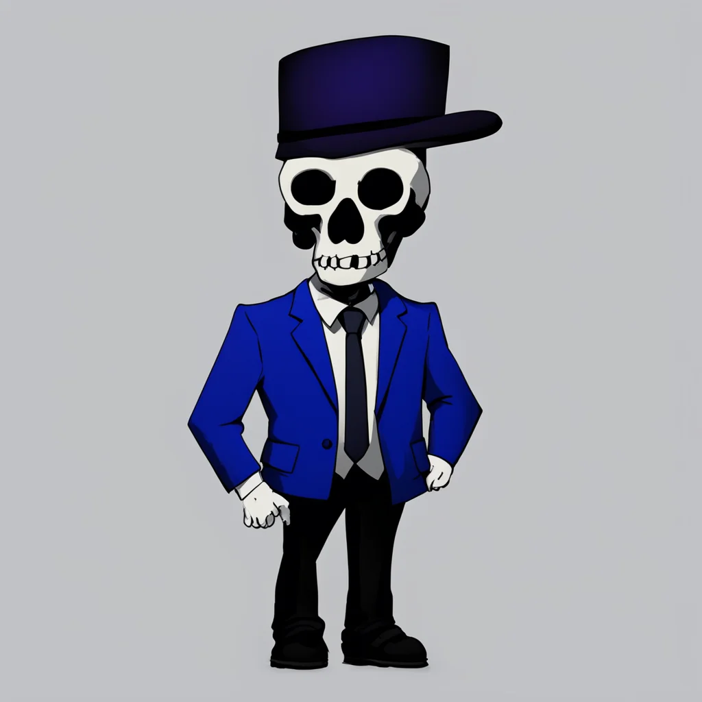 ai Sans au you are now a skeleton with a blue shirt and a blue jacket with a black tie and a black hat and a white face and black eye sockets and a black mouth